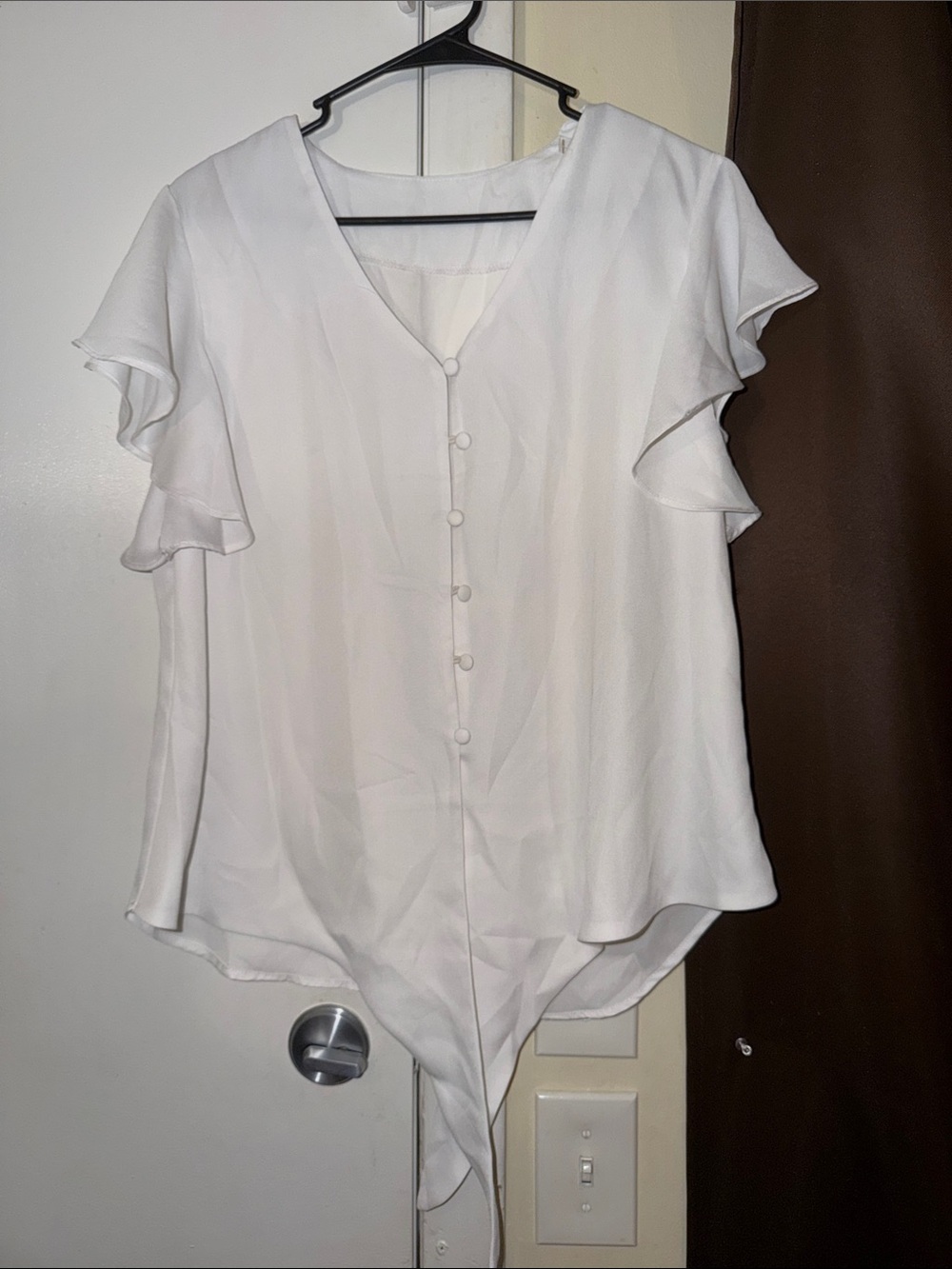 White Ruffle Sleeve Button-Front Women's Top